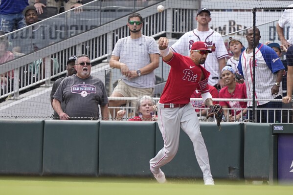 Philadelphia Phillies right fielder Nick Castellanos (8) throws the ball home in the ninth inning of a baseball game against the Atlanta Braves, Wednesday, Sept. 20, 2023, in Atlanta. (AP Photo/Brynn Anderson)