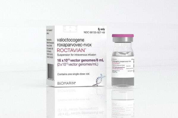 This photo provided by BioMarin in June 2023 shows a vial and packaging for their drug Roctavian. U.S. officials on Thursday, June 19, 2023 approved the drugmaker's gene therapy for the most common form of hemophilia, an infused treatment that can significantly reduce dangerous bleeding problems. (BioMarin via AP)