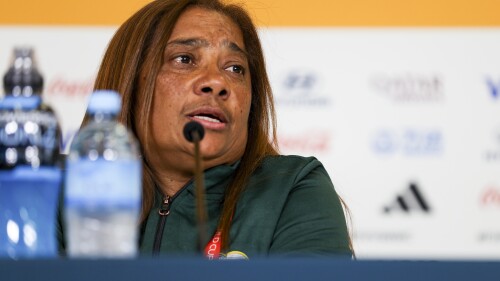 South Africa's coach Desiree Ellis speaks at a press conference ahead of their game against Sweden at the Women's World Cup in Wellington, New Zealand, Saturday, July 22, 2023. South Africa and Sweden play their opening match here Sunday July 23.(AP Photo/Alysa Rubin)