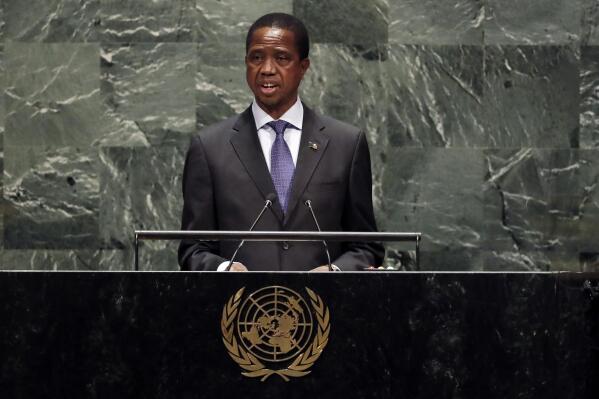 FILE — In this Wednesday, Sept. 25, 2019 file photo Zambia's President Edgar Chagwa Lungu addresses the 74th session of the United Nations General Assembly.  Zambia is on "the brink of a human rights crisis," Amnesty International said on Monday, June 28, 2021, highlighting that Lungu faces increasing criticism for allegedly using repressive tactics to win another term in elections set for Aug. 12. (AP Photo/Richard Drew.File)