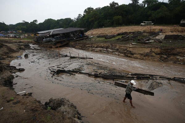 FILE - A resident carries wood to help dam up the Negro River river near his houseboat that is stuck in a dry area during a drought in Manaus, Amazonas state, Brazil, Oct. 16, 2023. Human-induced global warming was the primary driver of last year's severe drought in the Amazon that sent rivers to record lows, researchers said Wednesday, Jan. 24, 2024. (AP Photo/Edmar Barros, File)
