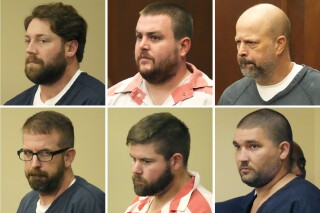 This combination of photos shows, from top left, former Rankin County sheriff's deputies Hunter Elward, Christian Dedmon, Brett McAlpin, Jeffrey Middleton, Daniel Opdyke and former Richland police officer Joshua Hartfield appearing at the Rankin County Circuit Court in Brandon, Miss., Aug. 14, 2023. A federal judge has, for the second time, postponed sentencing for six former Mississippi law enforcement officers who pleaded guilty to a long list of state and federal charges for torturing two Black men. (AP Photo/Rogelio V. Solis)