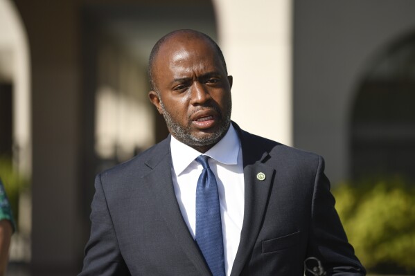 FILE - California State Superintendent of Public Instruction Tony Thurmond speaks outside of Enrique S. Camarena Elementary School Wednesday, July 21, 2021, in Chula Vista, Calif. Thurmond announced Tuesday, Sept. 26, 2023, that he is running for governor of California in 2026. (AP Photo/Denis Poroy, File)