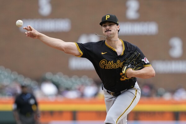Pittsburgh Pirates starting pitcher Paul Skenes throws during the first inning in the second game of a baseball doubleheader against the Detroit Tigers, Wednesday, May 29, 2024, in Detroit. (AP Photo/Carlos Osorio)