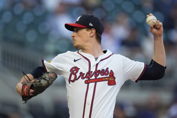 Atlanta Braves starting pitcher Max Fried delivers to a Miami Marlins batter in the first inning of a baseball game Tuesday, April 23, 2024, in Atlanta. (AP Photo/John Bazemore)