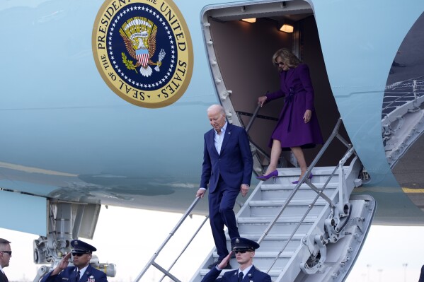President Joe Biden and first lady Jill Biden arrive at Philadelphia International Airport, Friday, March 8, 2024. (AP Photo/Manuel Balce Ceneta)