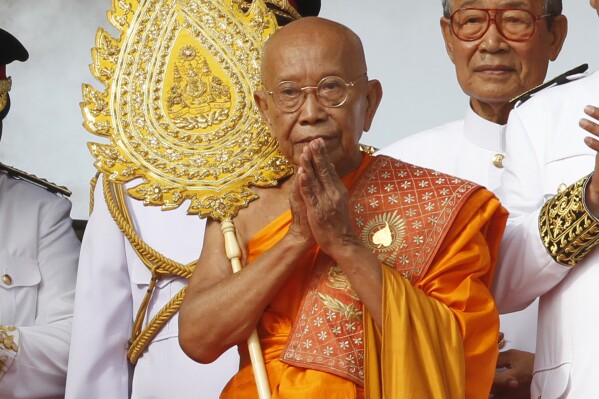Tep Vong, Great Supreme Patriarch, prays during the Independence Day celebration in Phnom Penh, Cambodia, Sunday, Nov. 9, 2014. Venerable Tep Vong, the senior monk who headed Cambodia’s Sangha -- its Buddhist community -- died Monday Feb. 26, 2024 at age 93 after an extended illness, the country’s Ministry of Cult and Religion announced. (AP Photo/Heng Sinith)