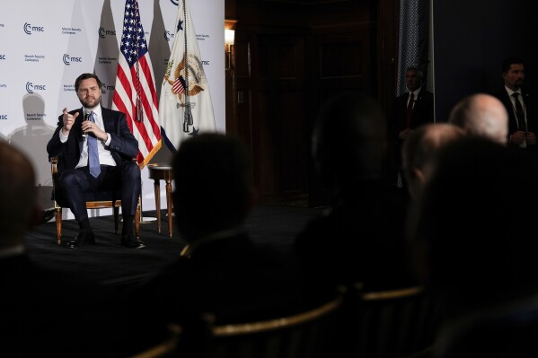 Vice President JD Vance speaking at the Munich Leaders Meeting, Wednesday, May 7, 2025, in Washington. (AP Photo/Julia Demaree Nikhinson)