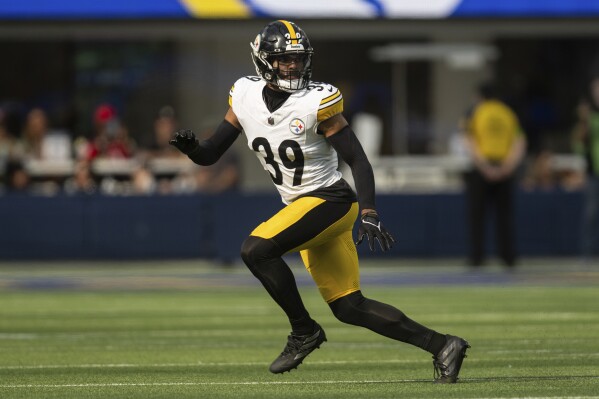 FILE - Pittsburgh Steelers safety Minkah Fitzpatrick (39) runs during an NFL football game against the Los Angeles Rams, Sunday, Oct. 22, 2023, in Inglewood, Calif. Fitzpatrick was once again voted as the top safety in the league by The Associated Press, repeating his No. 1 spot from the preseason. A panel of nine AP Pro Football Writers ranked the top five players at safety, making their selections based on current status midway through Week 8. (AP Photo/Kyusung Gong, File)