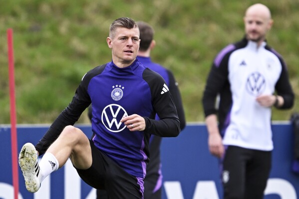 Germany player Toni Kroos attends a team training session at DFB Campus in Frankfurt, Germany, Tuesday, March 19, 2024. Germany plays France in Lyon on Saturday in a friendly match. (Arne Dedert/dpa via AP)