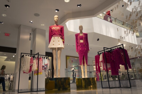 The Balmain x Barbie collection is displayed at Neiman Marcus in Beverly Hills, Calif., on Wednesday, July 19, 2023. The store launched its exclusive Barbie collaboration with Balmain last year and sold out of many items in the first few days. Based on the success of last year’s collaboration and the current Barbiecore cultural phenomenon, it has reissued the collection on Monday. (AP Photo/Richard Vogel)