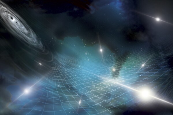 This illustration provided by researchers in June 2023 depicts gravitational waves stretching and squeezing space-time in the universe. On Wednesday, June 28, 2023, researchers reported signals from what they call low-frequency gravitational waves — changes in the fabric of the universe that are created by huge objects moving around and colliding in space. It took decades of work by scientists across the globe to track down the evidence for these super-slow wobbles. (Aurore Simonnet/NANOGrav Collaboration)