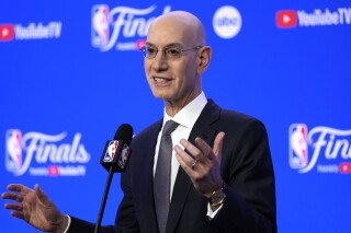 NBA Commissioner Adam Silver talks to reporters before Game 1 of basketball's NBA Finals between the Boston Celtics and the Dallas Mavericks, Thursday, June 6, 2024, in Boston. (AP Photo/Charles Krupa)