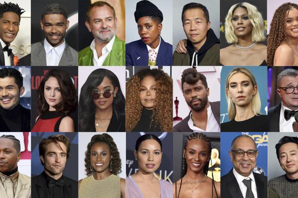This combination photo shows some of the 395 artists who are invited to join the Academy of Motion Picture Arts and Sciences, top row from left, Yahya Abdul-Mateen II, Jon Batiste, Kingsley Ben-Adir, Hugh Bonneville, Janicza Bravo, Lee Isaac Chung, Laverne Cox, Andra Day and Clea DuVall, middle row from left, Emerald Fennell, Henry Golding, Eiza González, H.E.R., Janet Jackson, Shaka King, Vanessa Kirby, Nathan Lane and Luis Gerardo Méndez and bottom row from left, Wagner Moura, Leslie Odom Jr., Robert Pattinson, Issa Rae, Jurnee Smollett, Tiara Thomas, George C. Wolfe, Steven Yeun and Yuh-Jung Youn. (AP Photo)