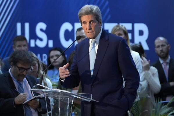 FILE - U.S. Special Presidential Envoy for Climate John Kerry speaks during a session on accelerating clean energy at the COP27 U.N. Climate Summit, Nov. 9, 2022, in Sharm el-Sheikh, Egypt. U.S. climate envoy John Kerry said the international global warming talks didn’t do enough to speed up cuts in emissions of heat-trapping gases. (AP Photo/Peter Dejong, File)