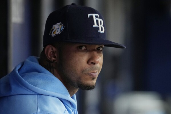 FILE - Tampa Bay Rays' Wander Franco looks on during a baseball game on Aug. 13, 2023, in St. Petersburg, Fla. Franco was arrested Monday, Jan. 1, 2024, in the Dominican Republic after being interviewed by prosecutors investigating him for an alleged relationship with a minor, according to an official in the Puerto Plata province prosecutor's office. (AP Photo/Chris O'Meara, File)