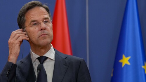 Netherland's Prime Minister Mark Rutte listens to a question during a press conference after talks with Serbia's President Aleksandar Vucic and Luxembourg Prime Minister Xavier Bettel at the Serbia Palace, in Belgrade, Serbia, Monday, July 3, 2023. Rutte and Bettel are on a one day visit to Serbia. (AP Photo/Darko Vojinovic)