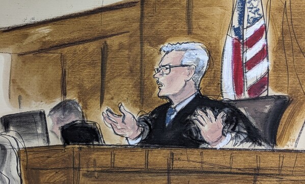 In this courtroom sketch, Judge Juan Manuel Merchan responds to former President Donald Trump's attorney, Todd Blanche's argument for a trial start delay during a hearing in New York, Thursday, Feb. 15, 2024. Trump’s hush-money trial will go ahead as scheduled with jury selection starting on March 25, Merchan ruled Thursday, turning aside demands for a delay from the former president’s defense lawyers. (Elizabeth Williams via AP)