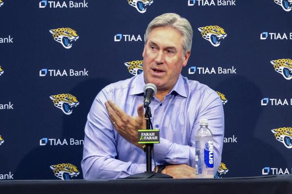 Jacksonville Jaguars head coach Doug Pederson answers a question regarding first-round draft pick offensive lineman Anton Harrison at an NFL football news conference in Jacksonville, Fla., Friday, April 28, 2023. (AP Photo/Gary McCullough)