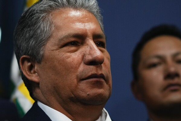 Bolivian Defense Minister Edmundo Novillo Aguilar gives a press conference in La Paz, Bolivia, Tuesday, July 25, 2023. (AP Photo/Juan Karita)