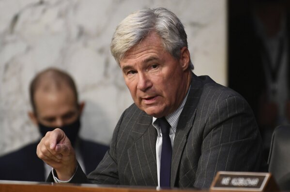 Sen. Sheldon Whitehouse, D-R.I., speaks during the confirmation hearing for Supreme Court nominee Amy Coney Barrett, before the Senate Judiciary Committee, Thursday, Oct. 15, 2020, on Capitol Hill in Washington. (Kevin Dietsch/Pool via AP)