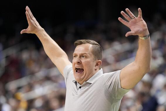 Iowa State head coach T. J. Otzelberger yells during the first half of a first-round college basketball game against Pittsburgh in the NCAA Tournament on Friday, March 17, 2023, in Greensboro, N.C. (AP Photo/Chris Carlson)