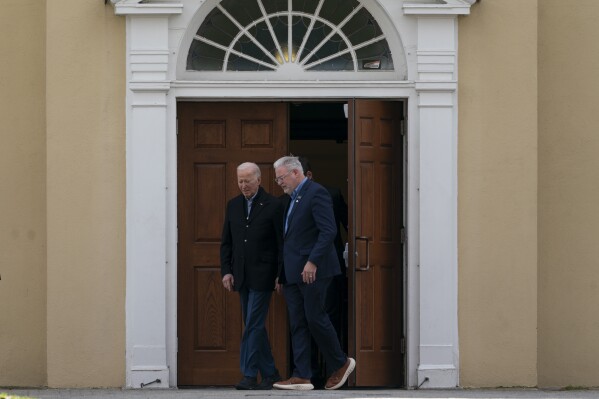 President Joe Biden, left, departs St. Joesph on the Brandywine Catholic Church in Wilmington, Del., Sunday, March 10, 2024, after attending Mass. (AP Photo/Stephanie Scarbrough)