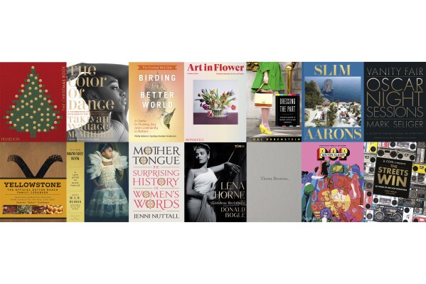 This combination of photos shows cover art for “The Christmas Book,” by Phaidon editors, top row from left, “The Color of Dance,” by TaKiyah Wallace-McMillian, “Birding for a Better World,” by Molly Adams and Sydney Golden Anderson, “The Art in Flower,” by Lindsey Taylor, “Dressing the Part: Television's Most Stylish Shows,” by Hal Rubenstein, “Slim Aarons: The Essential Collection,” photographs by Slim Aarons, and "Vanity Fair: Oscar Night Sessions,” photos by Mark Seliger, and bottom row from left, “Yellowstone: The Official Dutton Ranch Family Cookbook,” by chef Gabriel “Gator” Guilbeau, “The New Brownies’ Book: A Love Letter to Black Families,” by Karida L. Brown and Charly Palmer, “Mother Tongue: The Surprising History of Women's Words,” by Jenni Nuttall, “Lena Horne: Goddess Reclaimed,” by Donald Bogle, “Thom Browne,” by Thom Browne and Andrew Bolton, “Milton Glaser: Pop,” by Steven Heller, Mirko Ilić and Beth Kleber, and “LL Cool J Presents the Streets Win,” by LL Cool J, Vikki Tobak and Alex Banks. (Phaidon/Black Dog & Leventhal/Princeton Architectural Press/Monacelli/HarperCollins/Abrams/Abrams/Weldon Owen/Chronicle Books/Viking/Running Press/Phaidon/Monacelli/Rizzoli New York via 澳洲幸运5开奖官网结果直播开奖 AP)