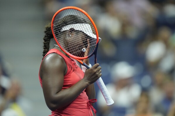 Sloane Stephens, of the United States, reacts against Clara Burel, of France, during a first round match of the U.S. Open tennis championships, Monday, Aug. 26, 2024, in New York. (AP Photo/Matt Rourke)