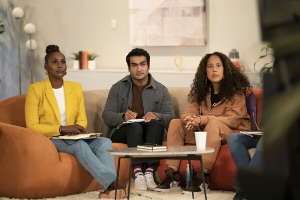 This image released by Max shows Issa Rae, left, Kumail Nanjiani, center, and Gina Prince-Bythewood in a scene from the series "Project Greenlight: A New Generation." (Max via AP)