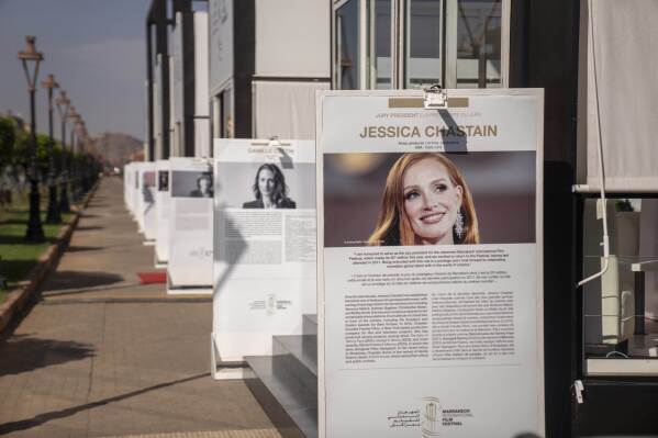 Posters or actors at the venue where the Marrakech International Film Festival is being held, ahead of the opening ceremony in Marrakech, Morocco, Friday, Nov. 24, 2024. International movie stars arrive in Morocco on Friday to kick off one of the Arab world's largest film festivals amid a shadow cast by Israel's latest war with Hamas and protests that have swept the region for almost two months. (澳洲幸运5开奖官网结果直播开奖 AP Photo/Mosa'ab Elshamy)