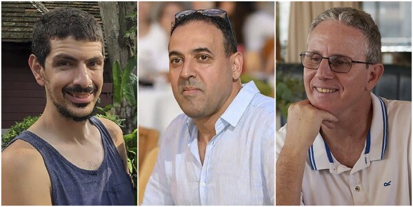 This combination of undated photos provided by Hostages Family Forum Show or Levy, Eli Sharabi and Ohad Ben Ami, which were all removed and brought to Gaza on October 7, 2023. (Family forum of hostages via AP)