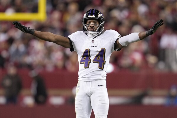 Baltimore Ravens cornerback Marlon Humphrey (44) gestures during the second half of an NFL football game against the San Francisco 49ers in Santa Clara, Calif., Monday, Dec. 25, 2023. (AP Photo/Godofredo A. Vásquez)