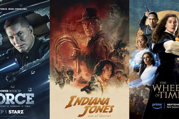 This combination of photos shows promotional art for the series “Power Book IV: Force,” premiering Sept. 1 on Starz, left, ”Indiana Jones and the Dial of Destiny,” a film available on video-on-demand on Aug. 29, center, and “The Wheel of Time," a fantasy series returning for a second season on Sept. 1. (Starz/Lucasfilm/Amazon Prime via AP)