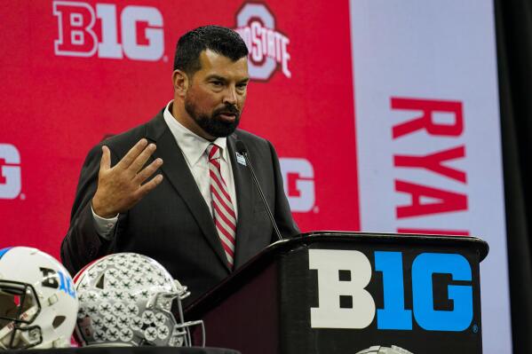 Ohio State head coach Ryan Day talks to reporters during an NCAA college football news conference at the Big Ten Conference media days, at Lucas Oil Stadium in Indianapolis, Friday, July 23, 2021. (AP Photo/Michael Conroy)