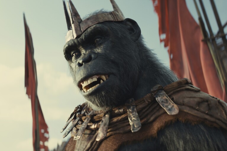 This image released by 20th Century Studios shows Proximus Caesar, played by Kevin Durand, in a scene from "Kingdom of the Planet of the Apes." (20th Century Studios via AP)