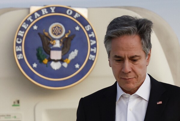 U.S. Secretary of State Antony Blinken arrives on the island of Crete, Greece, Saturday, Jan. 6, 2024 during his week-long trip aimed at calming tensions across the Middle East. (Evelyn Hockstein/Pool Photo via AP)