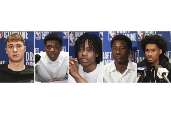 This photo combo shows, from left, Cooper Flagg, Ace Bailey, Tre Johnson, VJ Edgecombe Jr. and Dylan Harper talking to media at the 2025 NBA basketball Draft Combine in Chicago, May 14, 2025. (AP Photo/Nam Y. Huh, file)