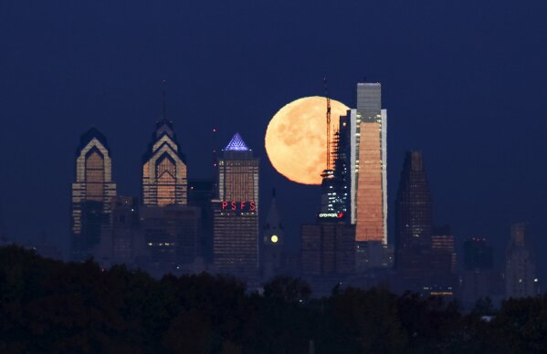 The Philadelphia skyline is viewed during sunset at Citizens Bank