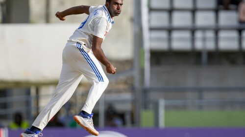 India's Ravichandran Ashwin bowls against West Indies on day three of their first cricket Test match at Windsor Park in Roseau, Dominica, Friday, July 14, 2023. (AP Photo/Ricardo Mazalan)