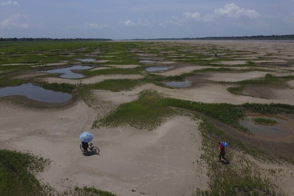 FILE - Residents of a riverside community carry food and containers of drinking water due to the ongoing drought and high temperatures that affect the region of the Solimoes River, in Careiro da Varzea, Amazonas state, Brazil, Oct. 24, 2023. October was the fifth straight month that Earth set a record for the hottest month in recorded history. (AP Photo /Edmar Barros, File)