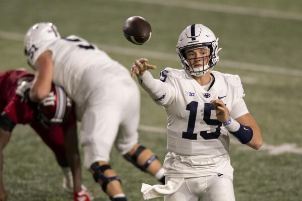 Penn State quarterback Drew Allar (15) makes a pass during the second half of an NCAA college football game against Indiana, Saturday, Nov. 5, 2022, in Bloomington, Ind. (AP Photo/Doug McSchooler)