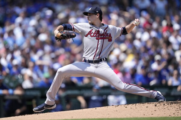 Atlanta Braves starting pitcher Max Fried delivers during the first inning of a baseball game against the Chicago Cubs Friday, Aug. 4, 2023, in Chicago. (AP Photo/Charles Rex Arbogast)