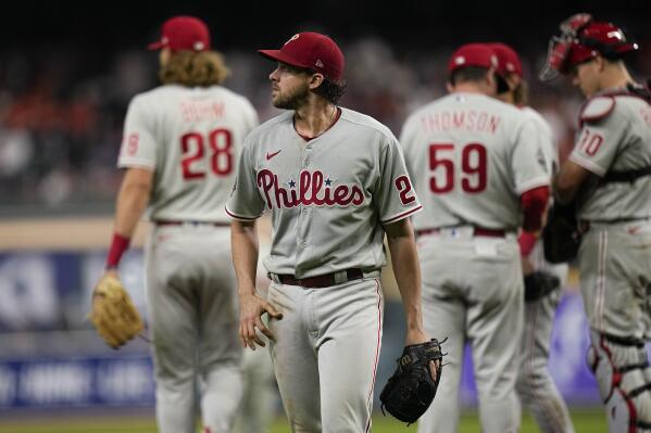 Philadelphia Phillies starting pitcher Aaron Nola leaves the game during the fifth inning in Game 1 of baseball's World Series between the Houston Astros and the Philadelphia Phillies on Friday, Oct. 28, 2022, in Houston. (AP Photo/Eric Gay)