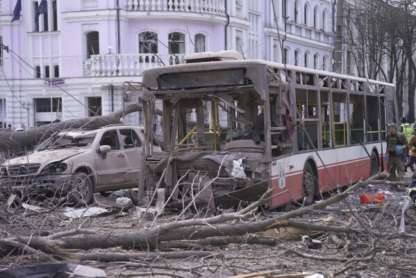 The city center in the aftermath of the Russia's missile attack that killed at least 21 civilians in Sumy, Ukraine, Sunday, April 13, 2025. (AP Photo)