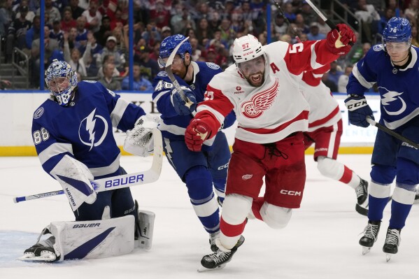 2024年4月1日月曜日、フロリダ州タンパで、NHLホッケーの試合の第3ピリオド中に、タンパベイ・ライトニングのゴールテンダー、アンドレイ・ヴァシレフスキー（88歳）を破ってゴールを決めて喜ぶデトロイト・レッドウィングスの左ウイング、デビッド・ペロン（57歳）（AP写真/クリス・O）ミラ）