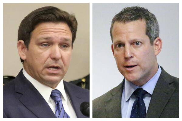 FILE - This combination of Aug. 4, 2022, images shows Florida Gov. Ron DeSantis, left, and Hillsborough County State Attorney Andrew Warren during separate news conferences in Tampa, Fla. On Tuesday, Feb. 14, 2023, Warren, a twice-elected, Democratic state prosecutor suspended by DeSantis, filed an appeal in his federal lawsuit against the governor in a renewed bid to get his job back. (Douglas R. Clifford/Tampa Bay Times via AP, File)