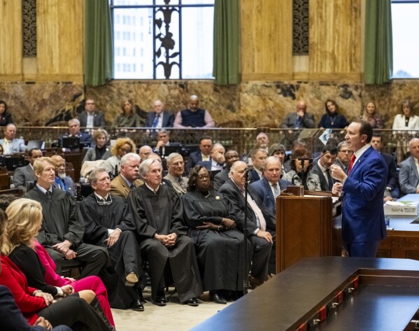 Gov. Jeff Landry speaks during the start of the special session in the House Chamber on Monday, Jan. 15, 2024 in Baton Rouge, La. Landry called for the special session only a few hours after taking office. (Michael Johnson/The Advocate via AP, Pool)