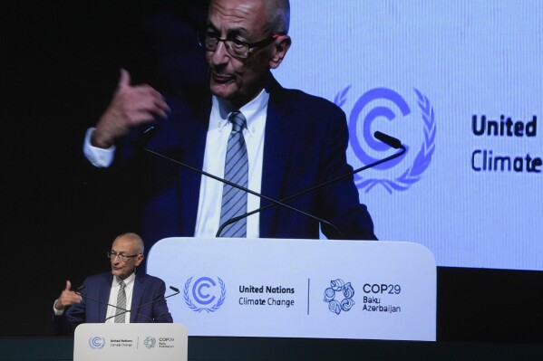 John Podesta, U.S. climate envoy, speaks during a news conference at the COP29 U.N. Climate Summit, Monday, Nov. 11, 2024, in Baku, Azerbaijan. (AP Photo/Joshua A. Bickel)
