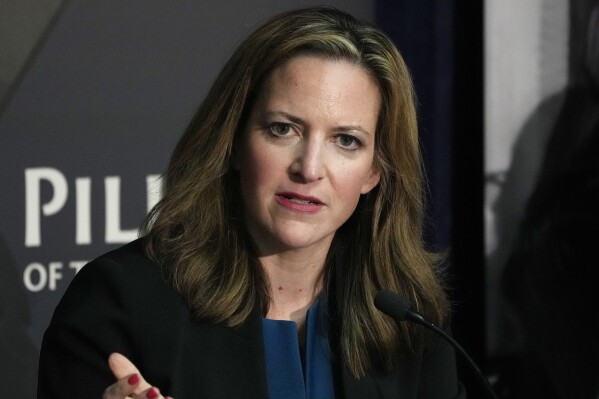 Michigan Secretary of State Jocelyn Benson participates in an election forum, in Ann Arbor, Mich., Sept. 19, 2024. (AP Photo/Carlos Osorio, File)